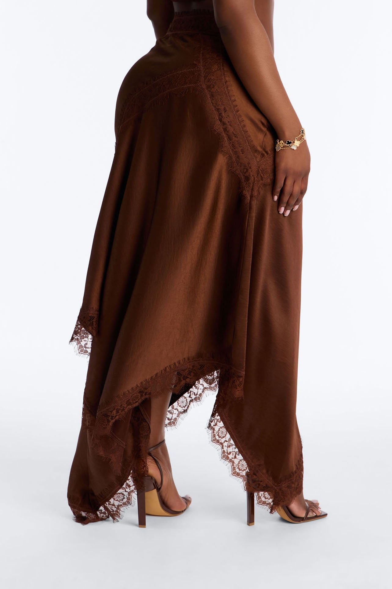 Romance Me Satin Lace Trim Midi Skirt - Brown