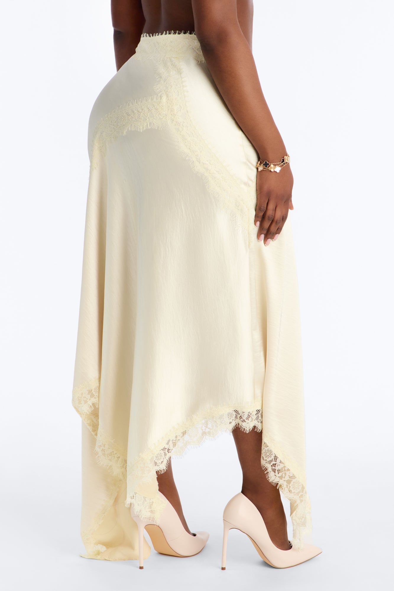 Romance Me Satin Lace Trim Midi Skirt - Off White