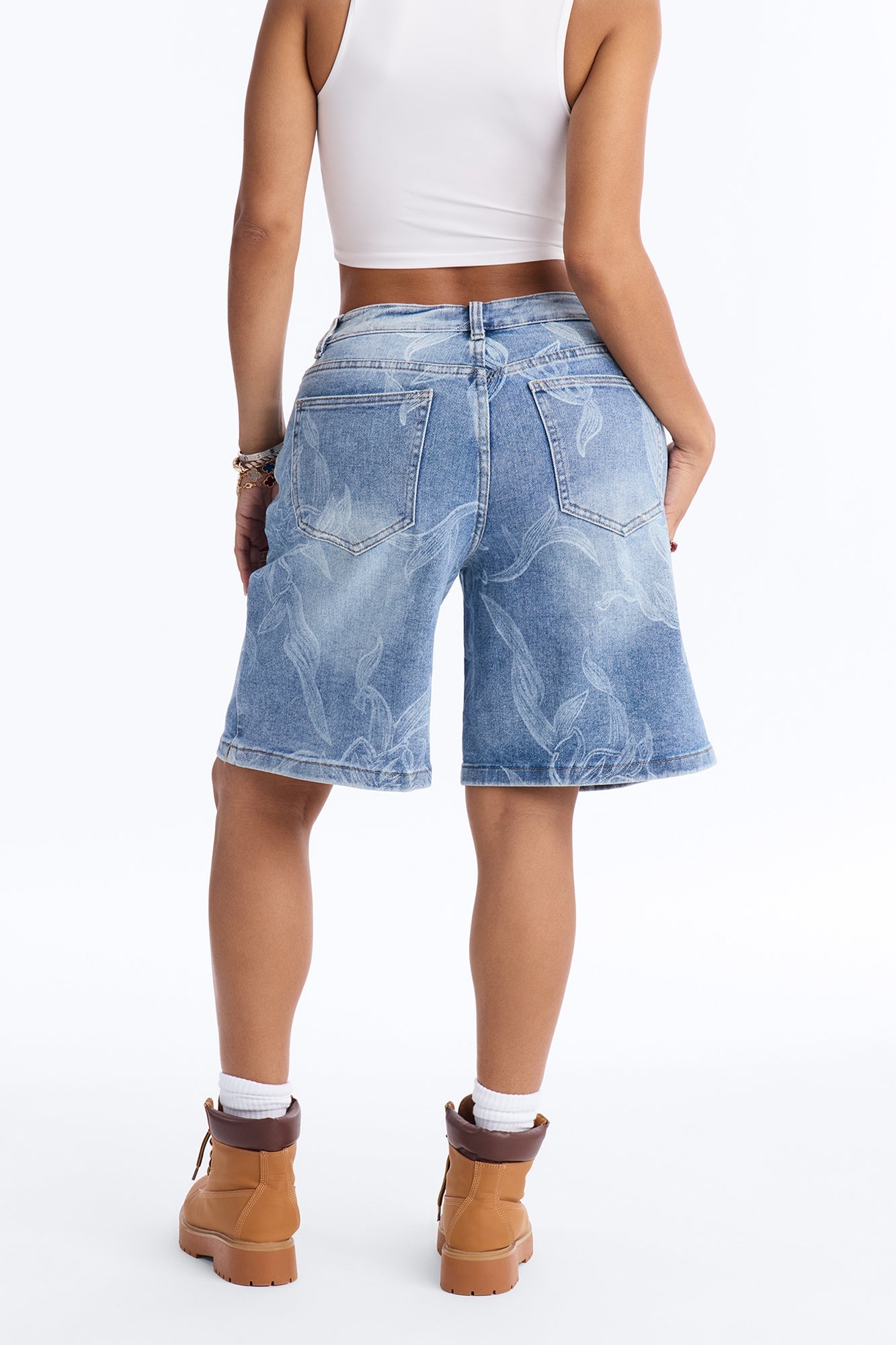Botanical Blues Printed Denim Jorts - Medium Wash