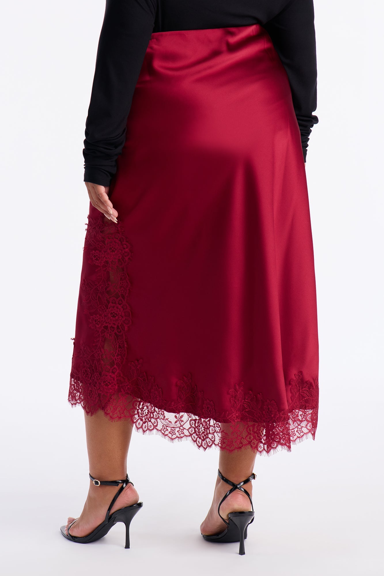 Feel The Love Lace Trim Satin Midi Skirt - Burgundy
