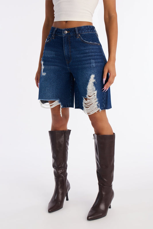 Wild And Free Non Stretch Denim Bermuda Shorts - Dark Wash
