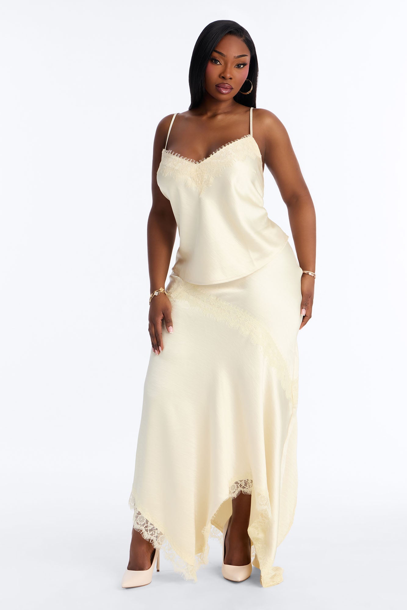 Romance Me Satin Lace Trim Midi Skirt - Off White