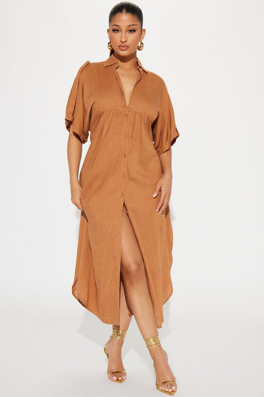 Lucia Shirt Midi Dress - Cognac