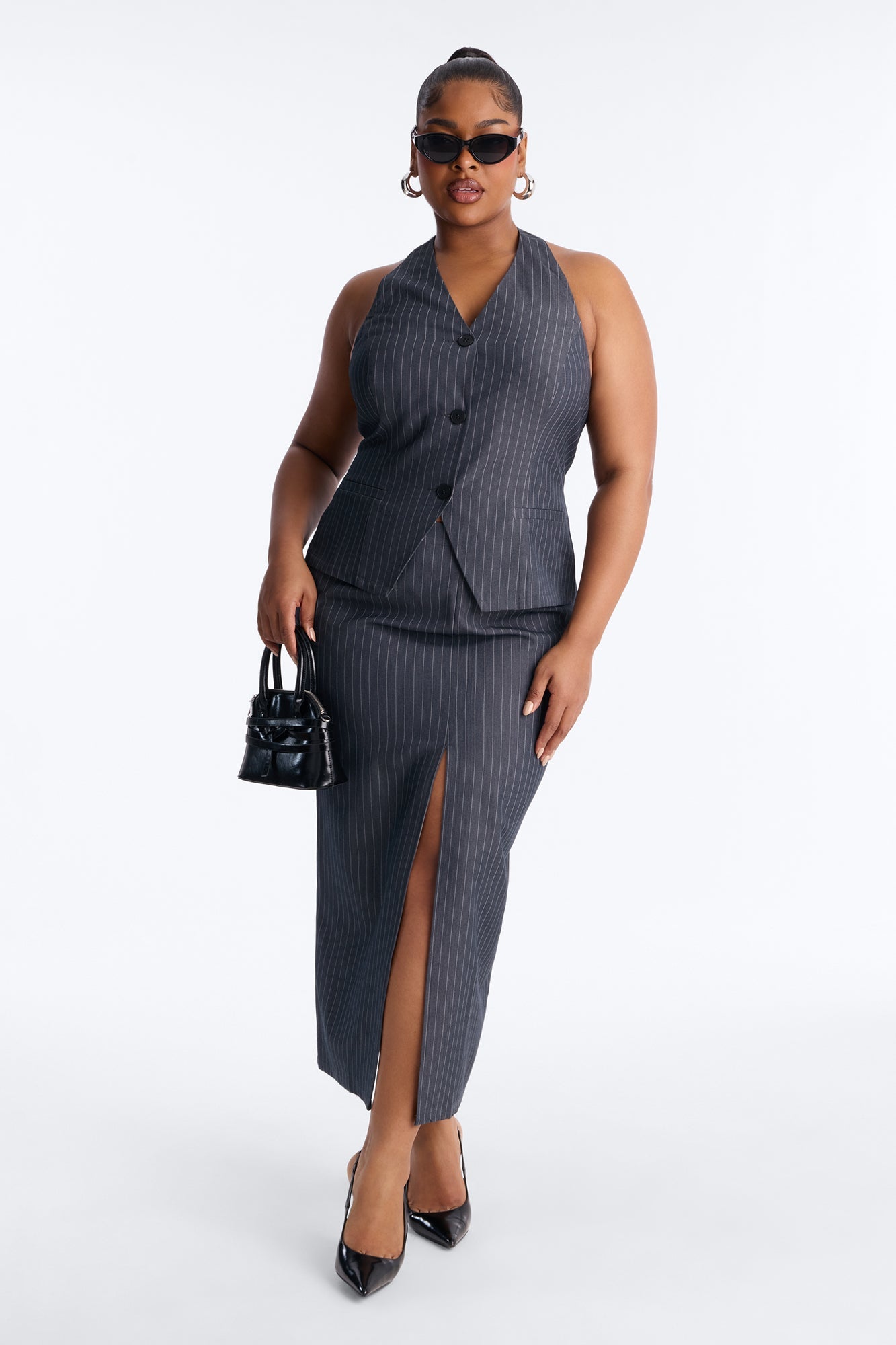 Dangerously Cute Pinstripe Midi Skirt - Charcoal/combo