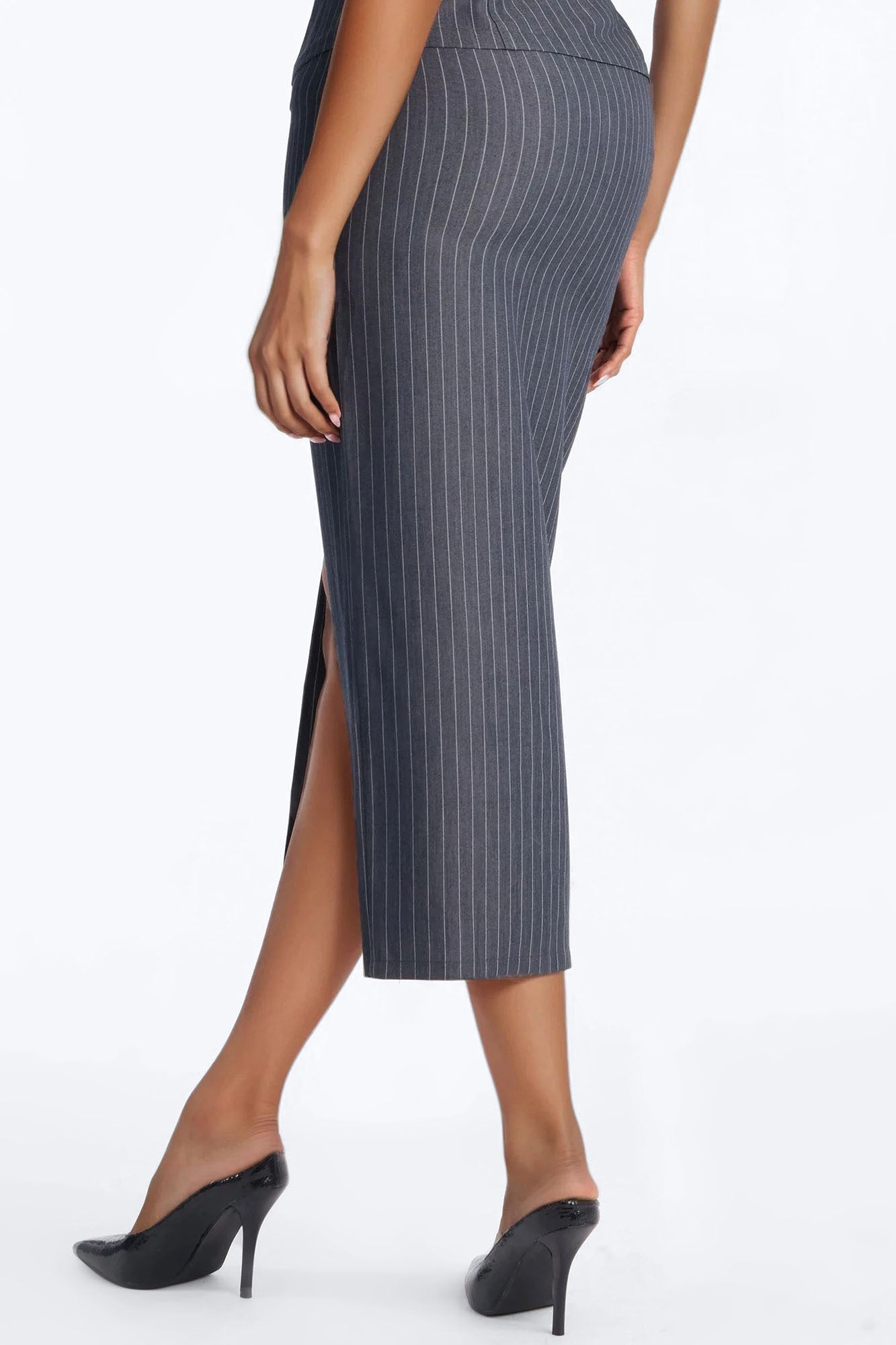 Dangerously Cute Pinstripe Midi Skirt - Charcoal/combo
