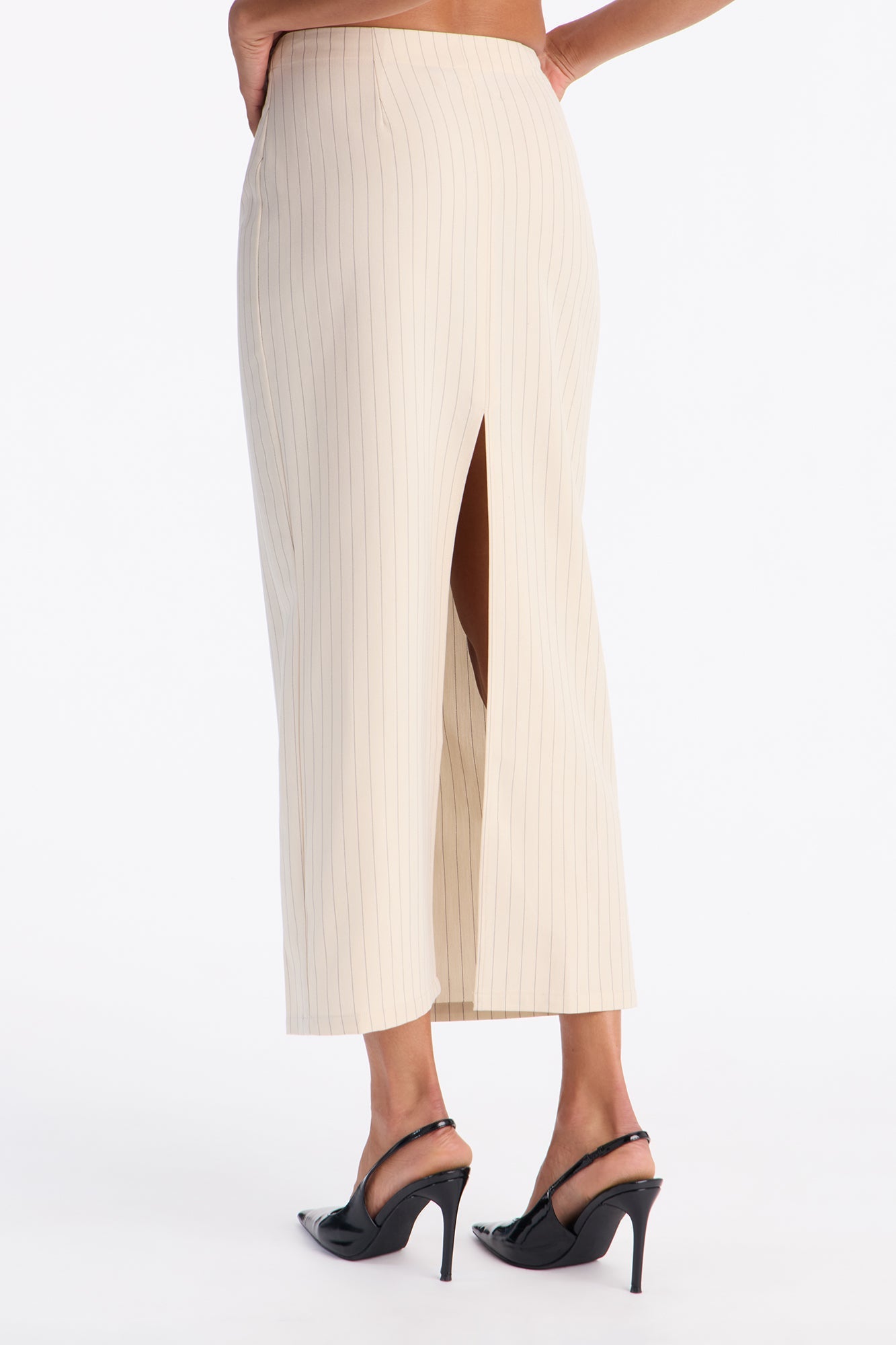Dangerously Cute Pinstripe Midi Skirt - Cream/combo