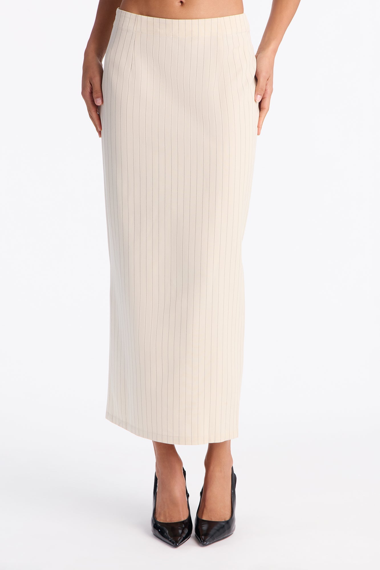 Dangerously Cute Pinstripe Midi Skirt - Cream/combo