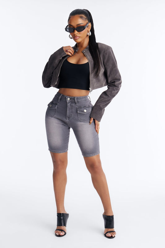 Shocker Tinted Stretch Denim Bermuda Shorts - Grey
