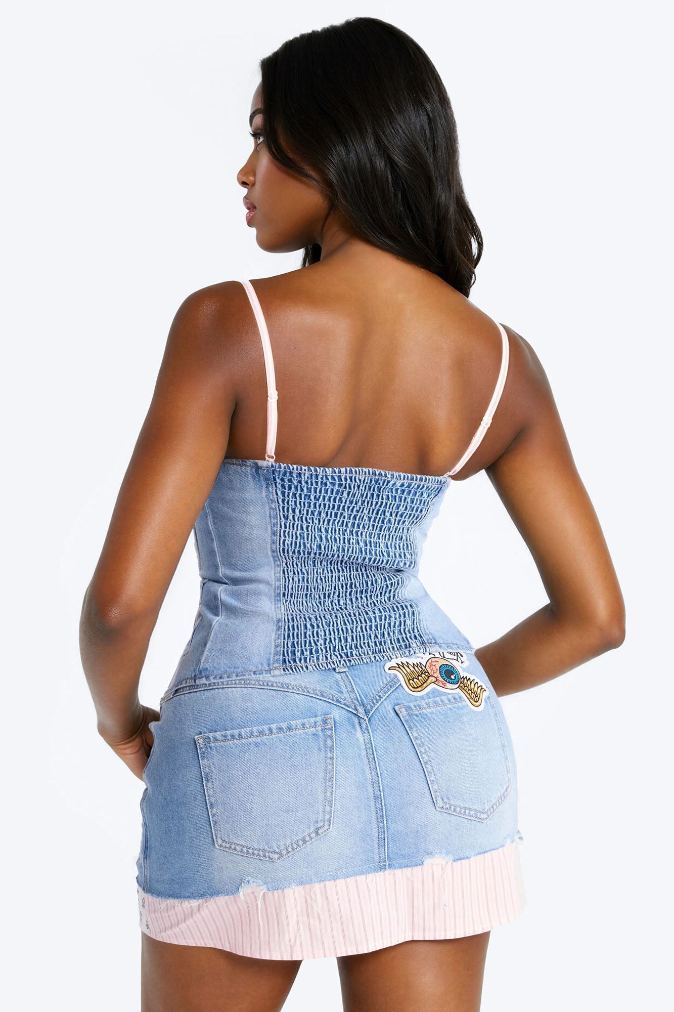 Von Dutch Patches Denim Mini Skirt - Light Wash