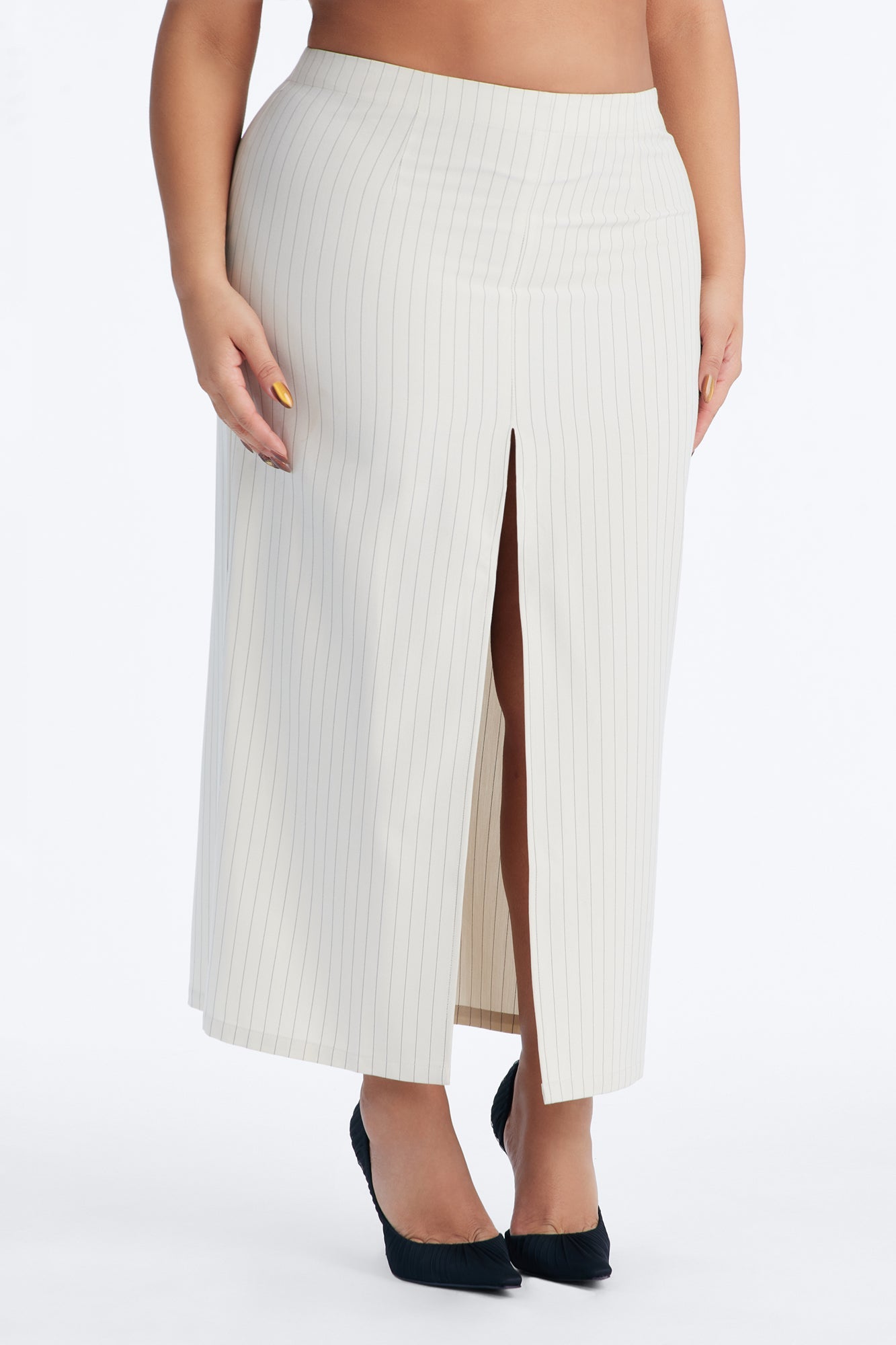 Dangerously Cute Pinstripe Midi Skirt - Cream/combo