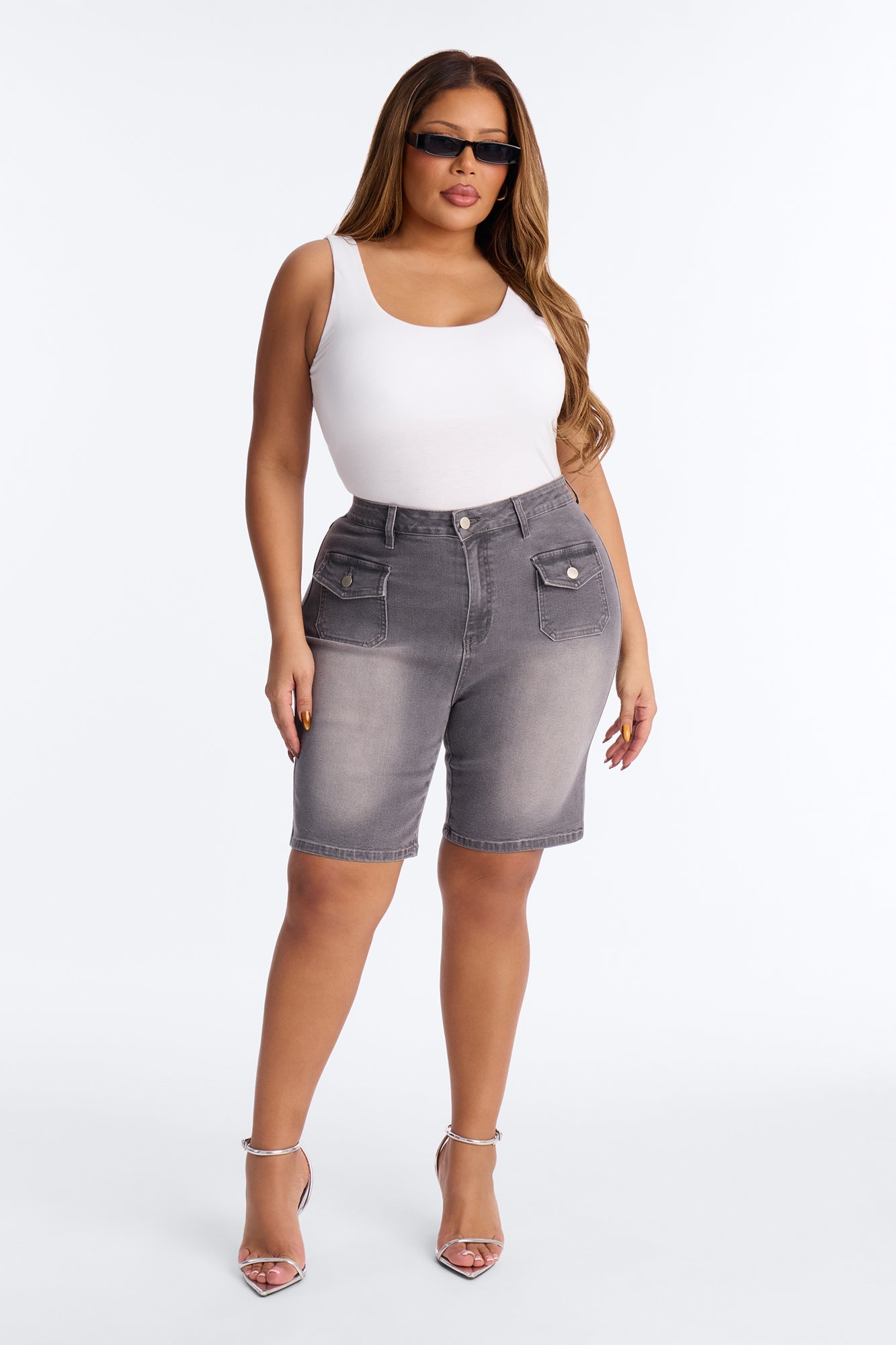 Shocker Tinted Stretch Denim Bermuda Shorts - Grey