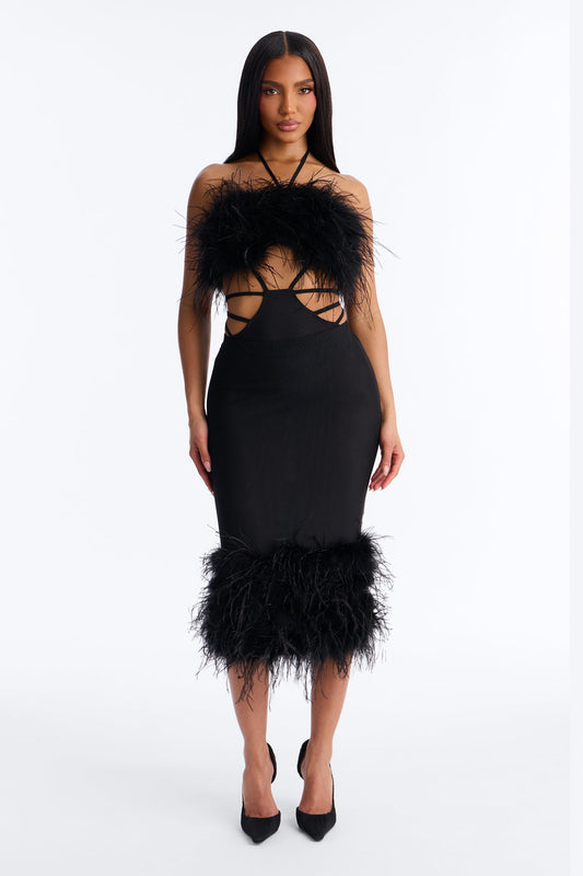 Flirt Mode Feather Mesh Midi Skirt - Black