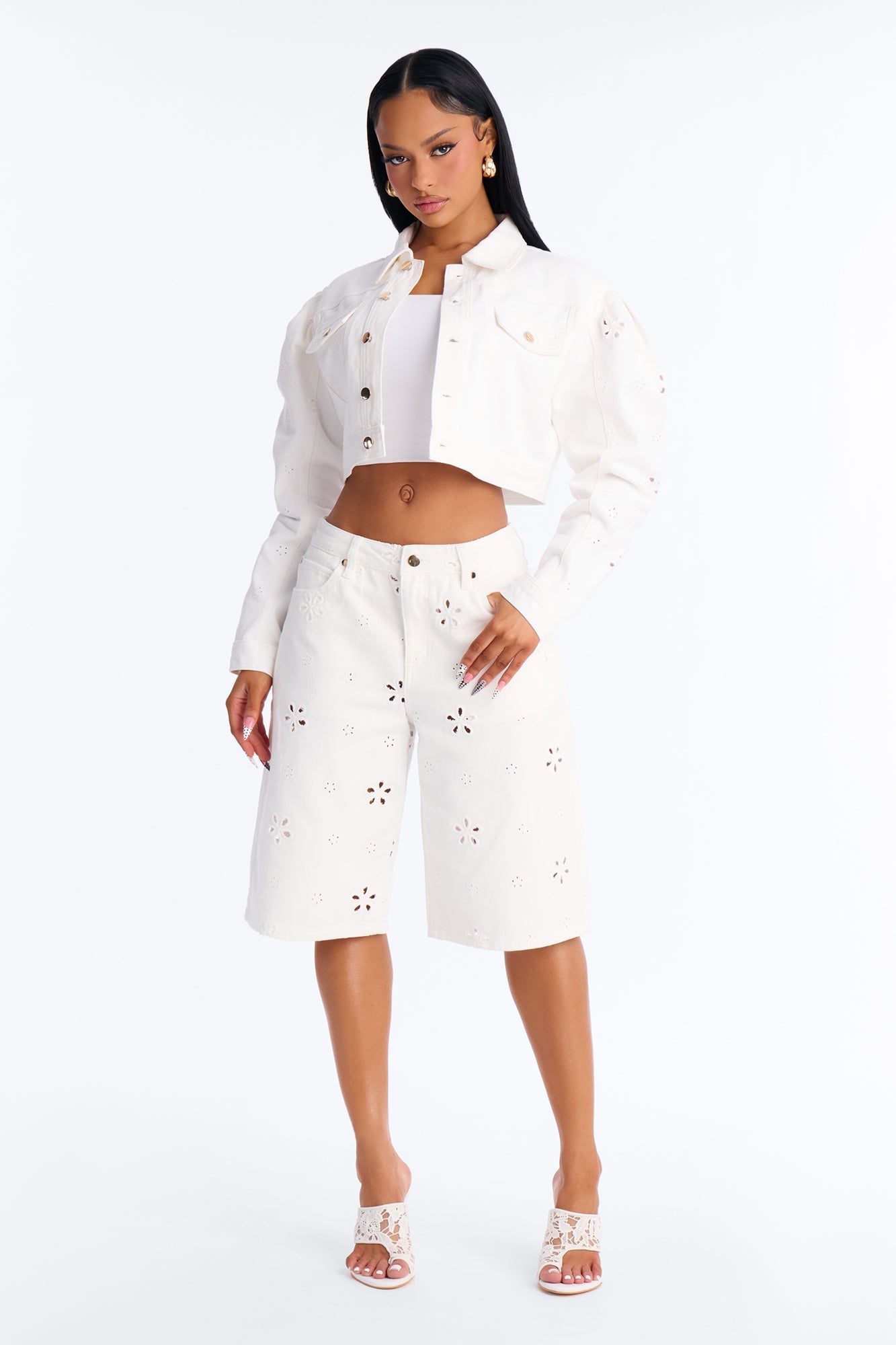 Valencia Eyelet Denim Jorts - White