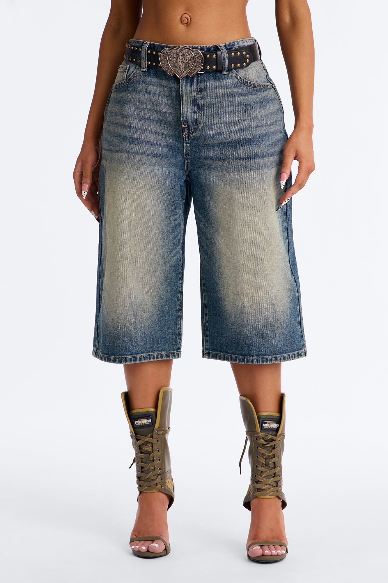 Lasting Love Belted Denim Jorts - Vintage Wash
