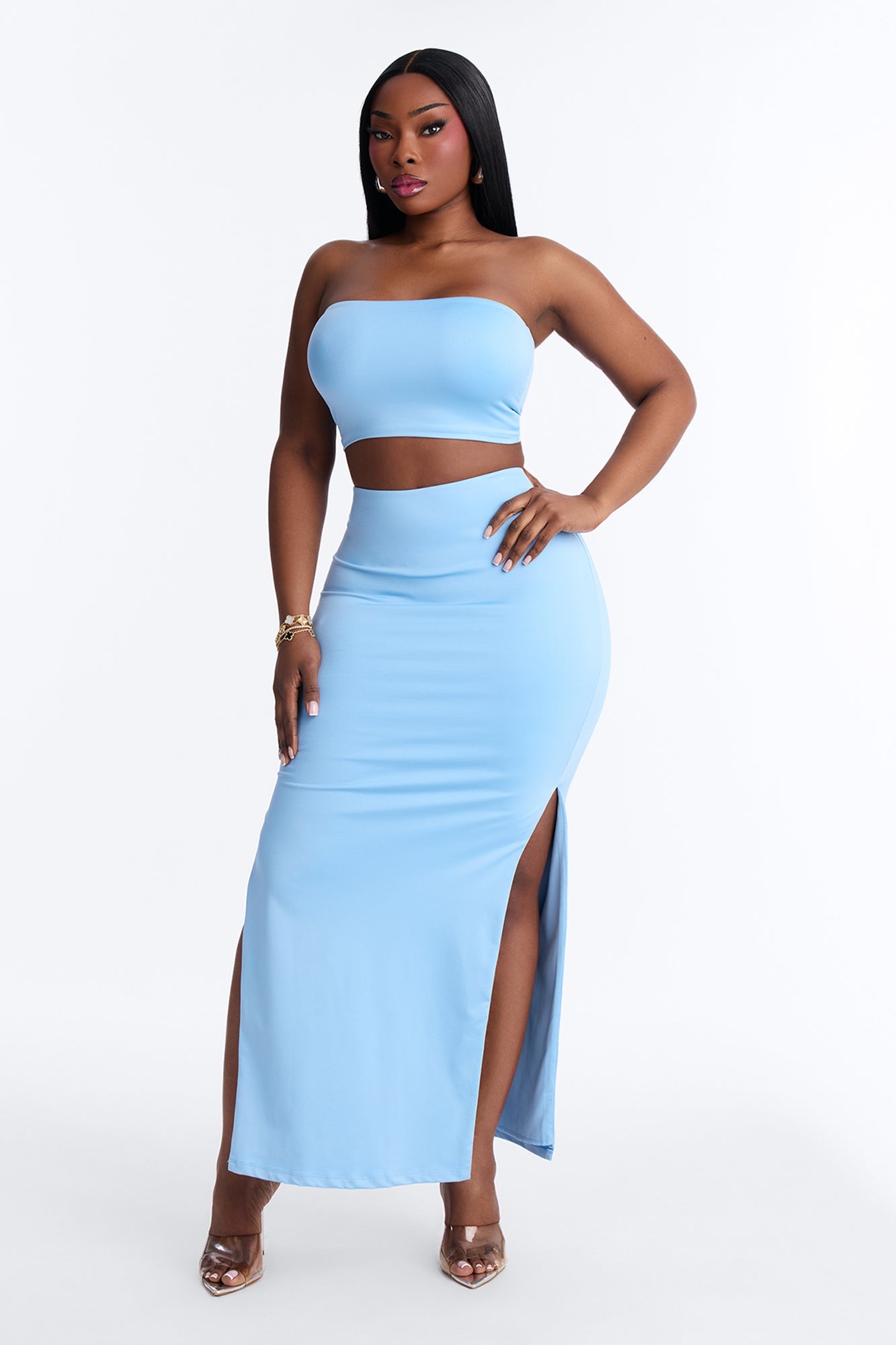 Contour Double Lined Side Slit Maxi Skirt - Light Blue
