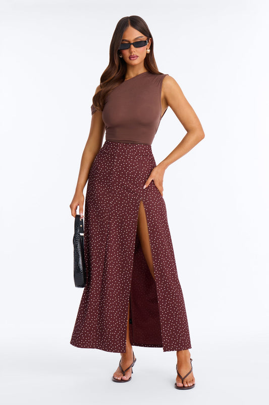 Dani Polka Dot High Slit Ankle Maxi - Chocolate