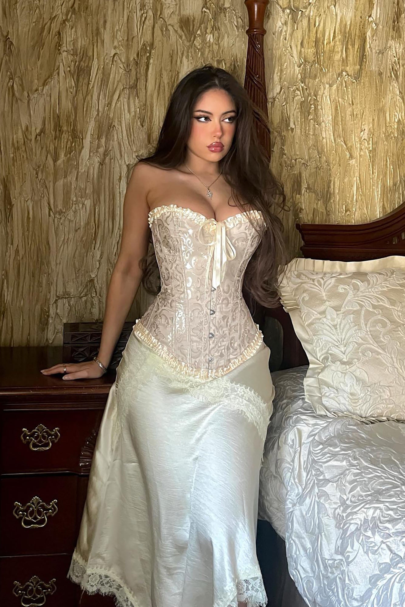 Romance Me Satin Lace Trim Midi Skirt - Off White