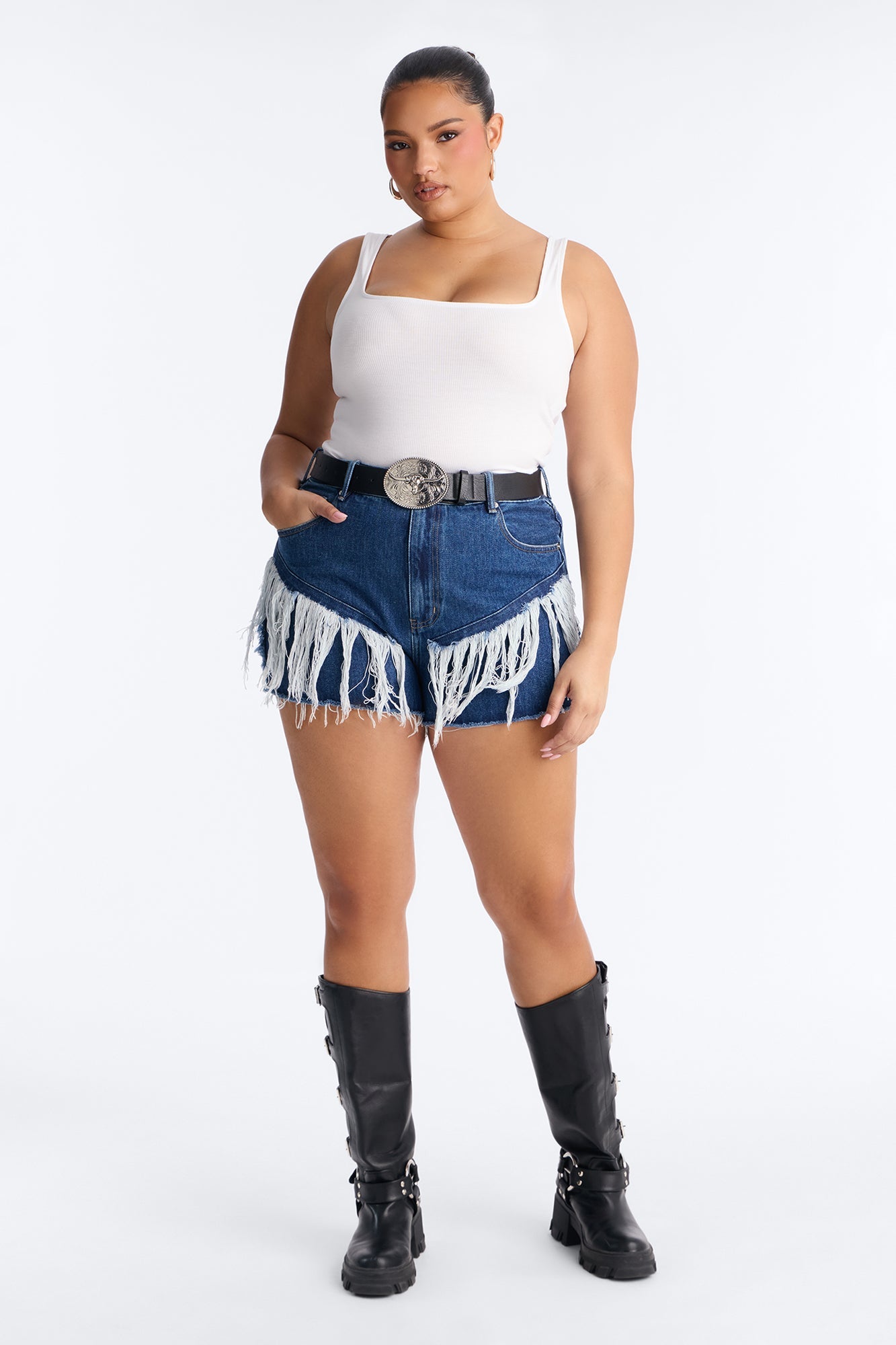 Indio Fringe Ripped High Rise Denim Shorts - Dark Wash
