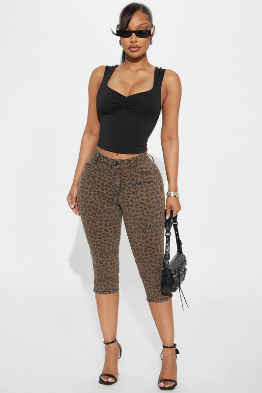 Let's Get Wild Stretch Animal Print Denim Capri - Brown