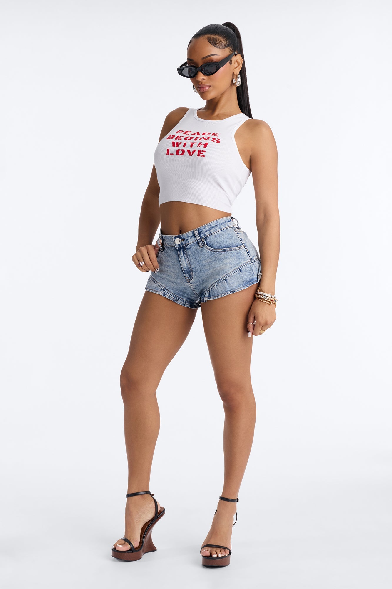 Ruffle Me Up Denim Shorts - Medium Wash