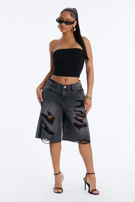 Watch Me Go Ripped Denim Shorts - Black Wash