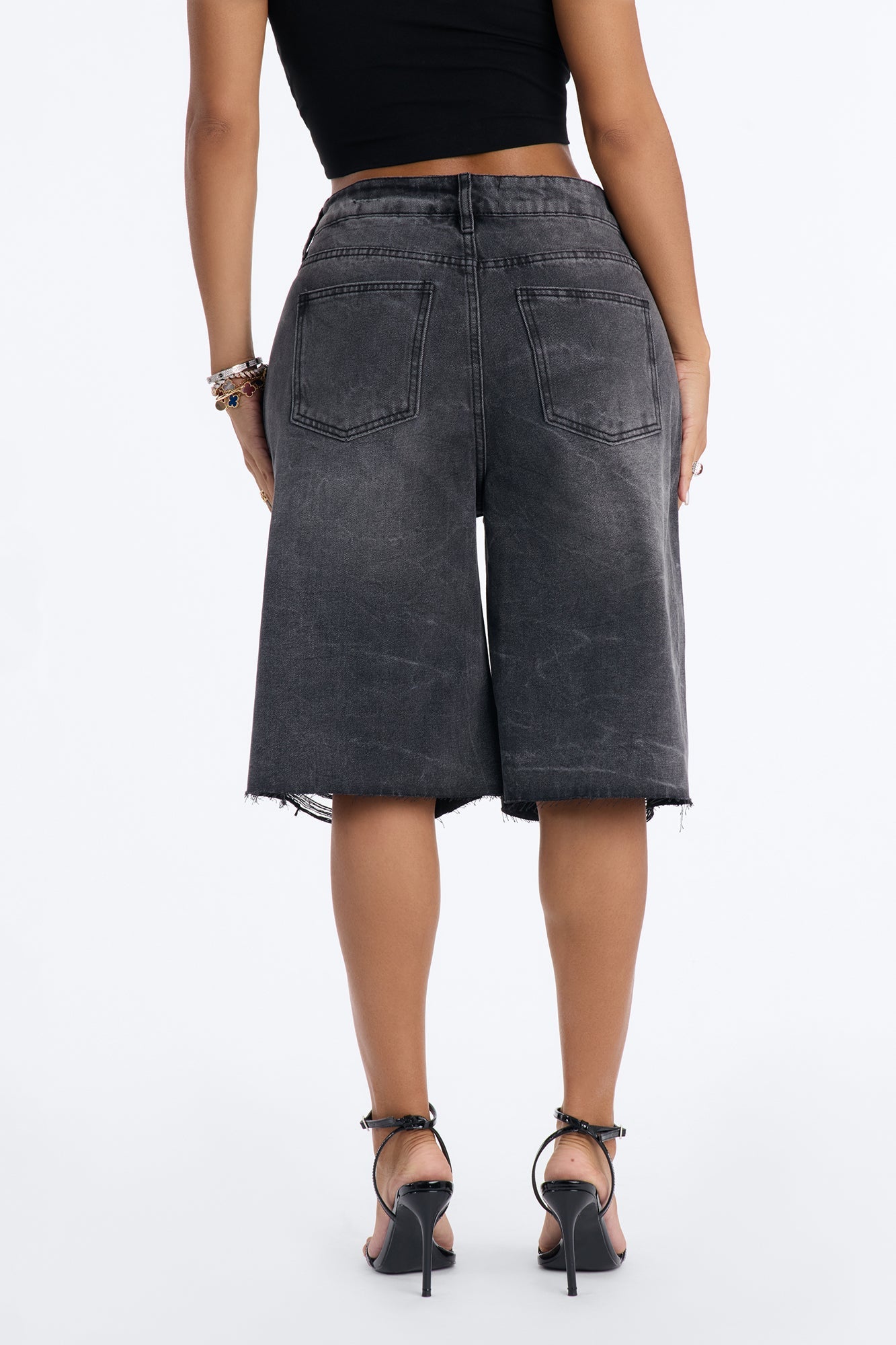 Watch Me Go Ripped Denim Shorts - Black Wash