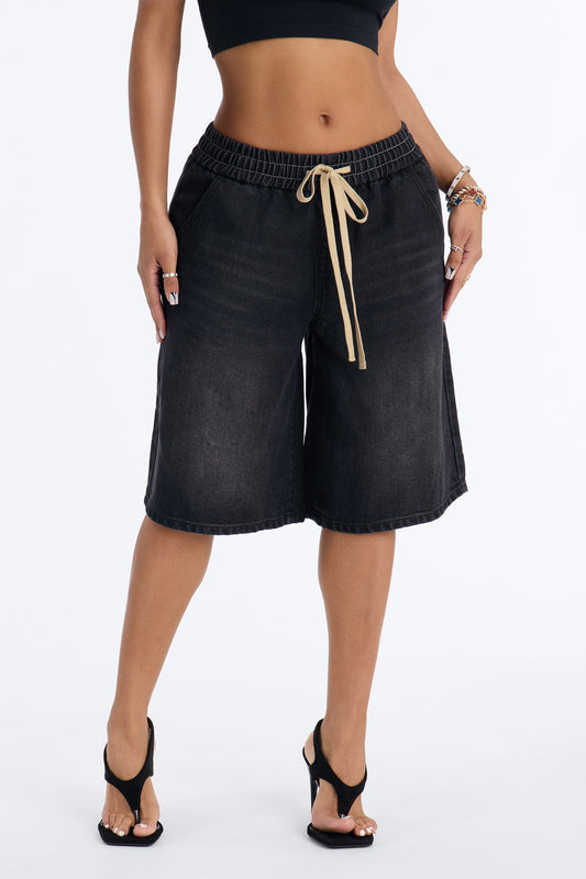 Avalon Tie Waist Drapey Denim Jorts - Black Wash