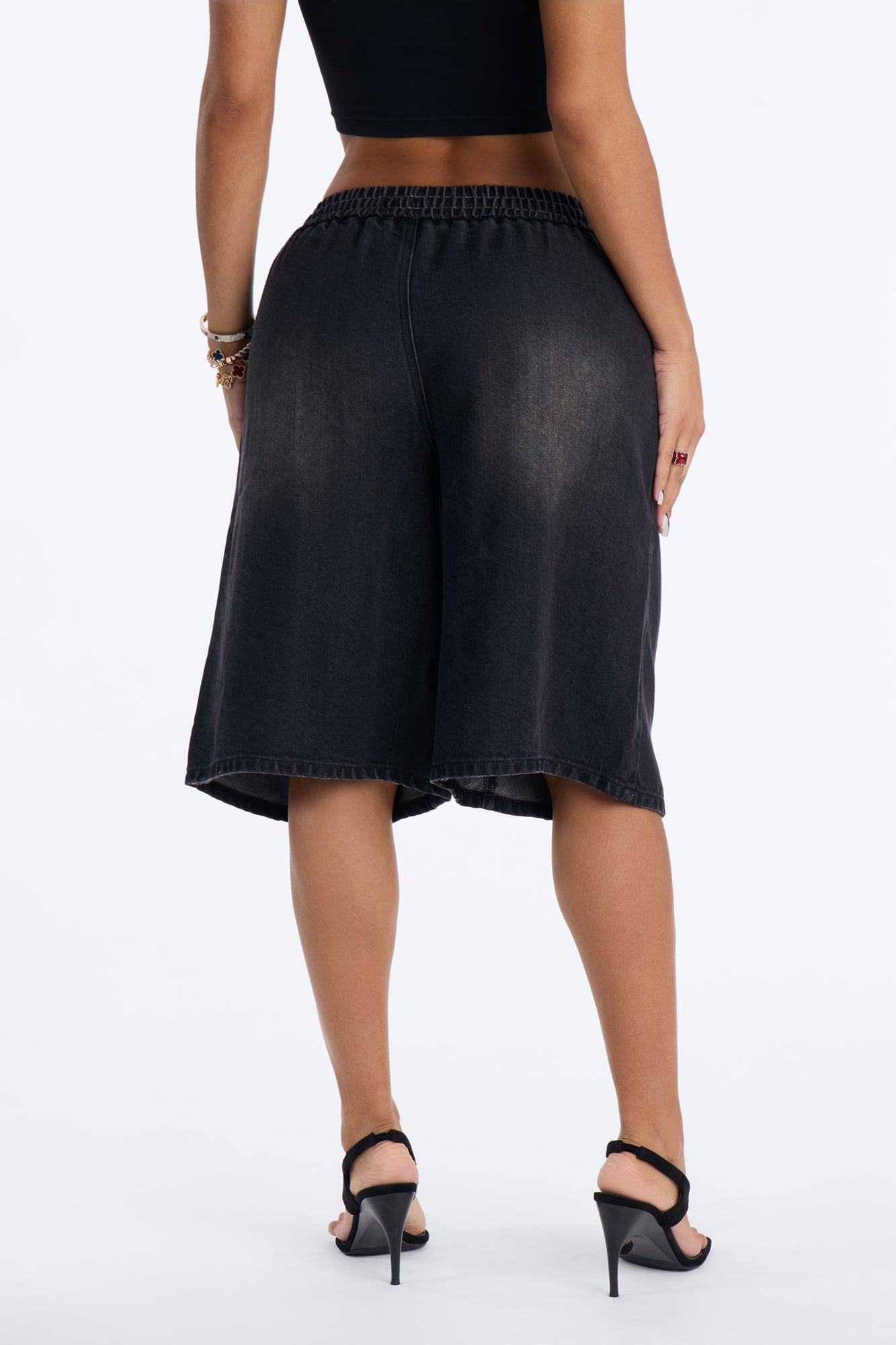 Avalon Tie Waist Drapey Denim Jorts - Black Wash