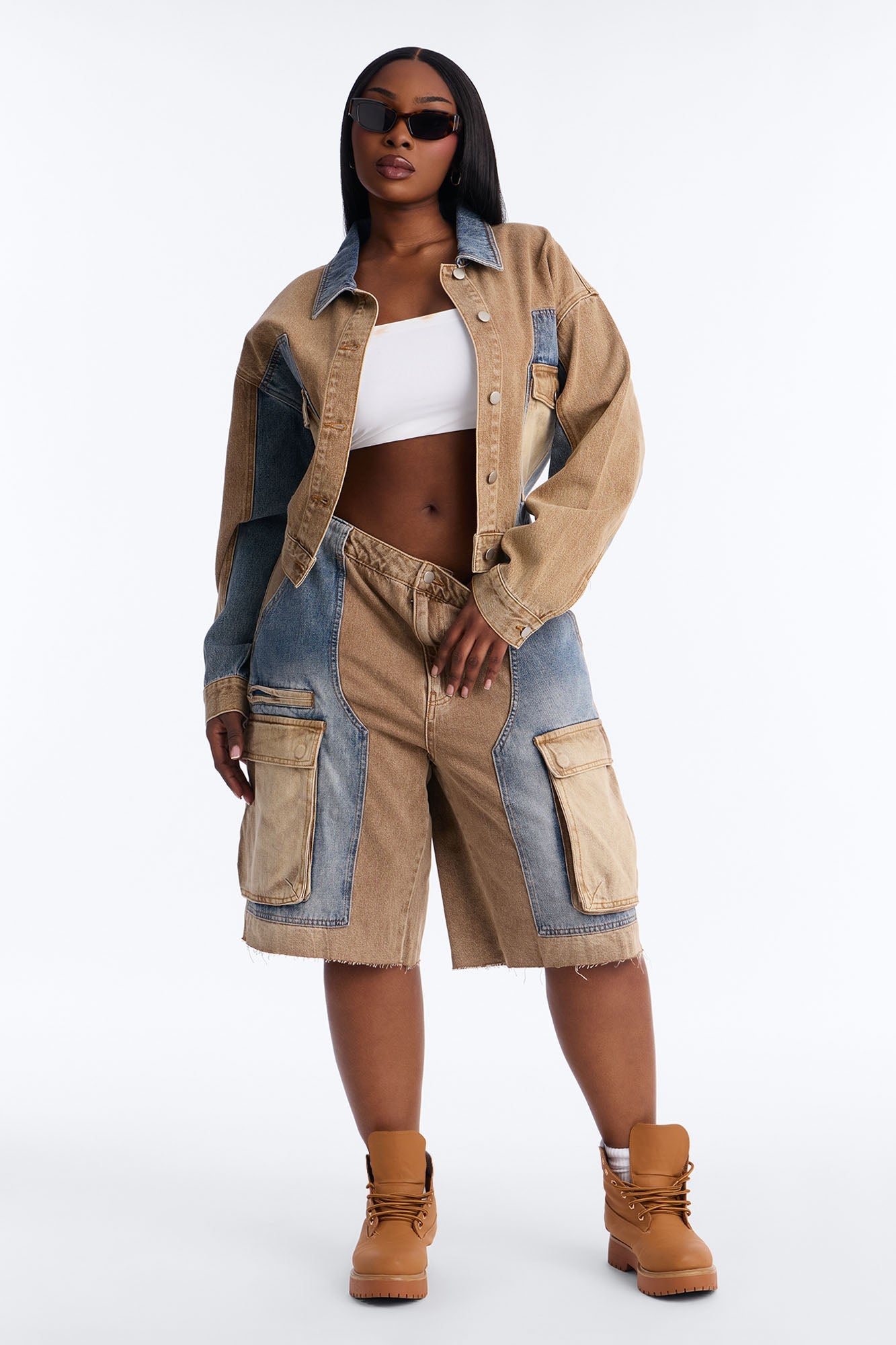 Sahara Cargo Denim Jorts - Tan/Multi