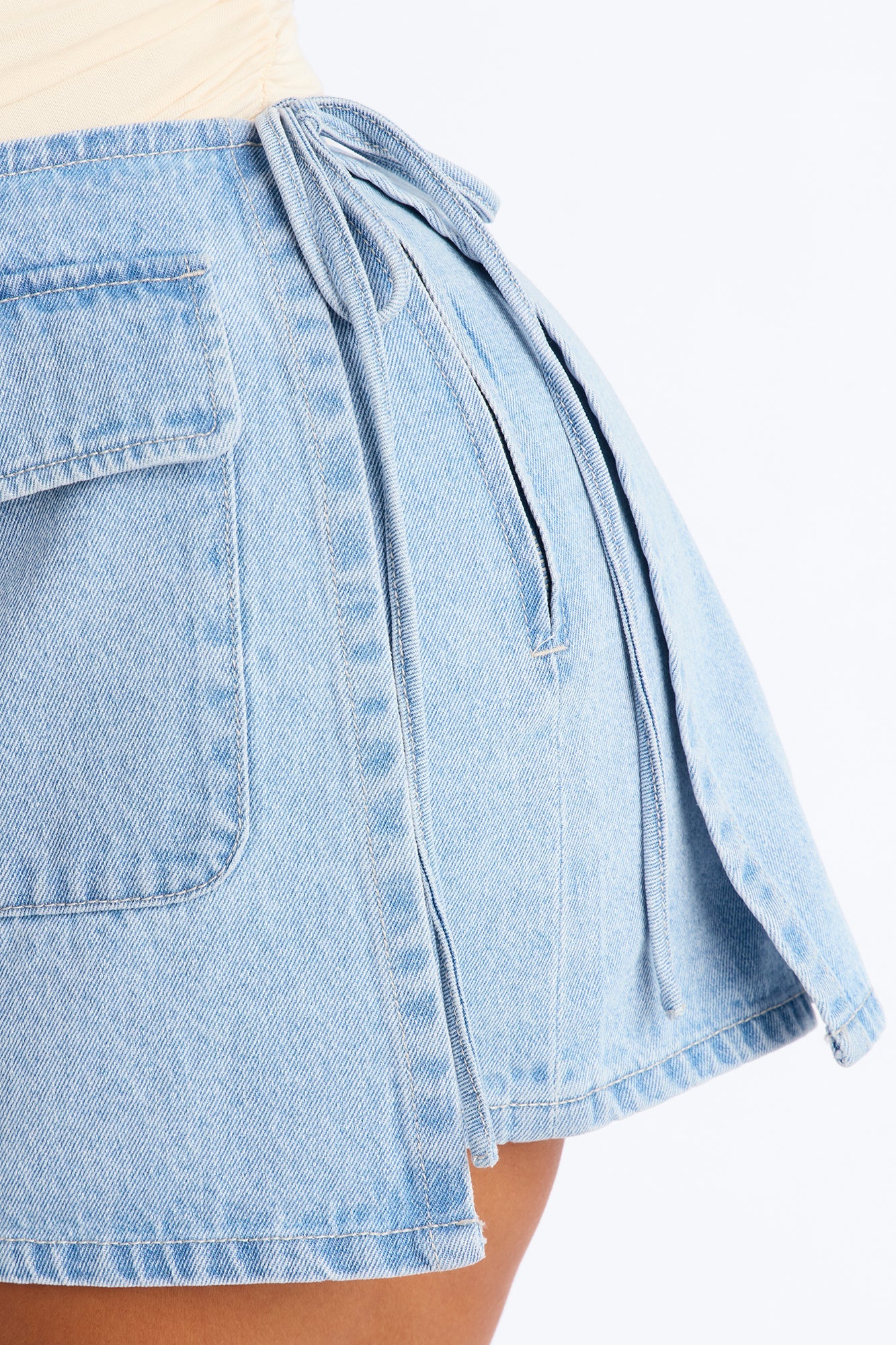 Kimmie Wrap Denim Micro Mini Skort - Light Wash