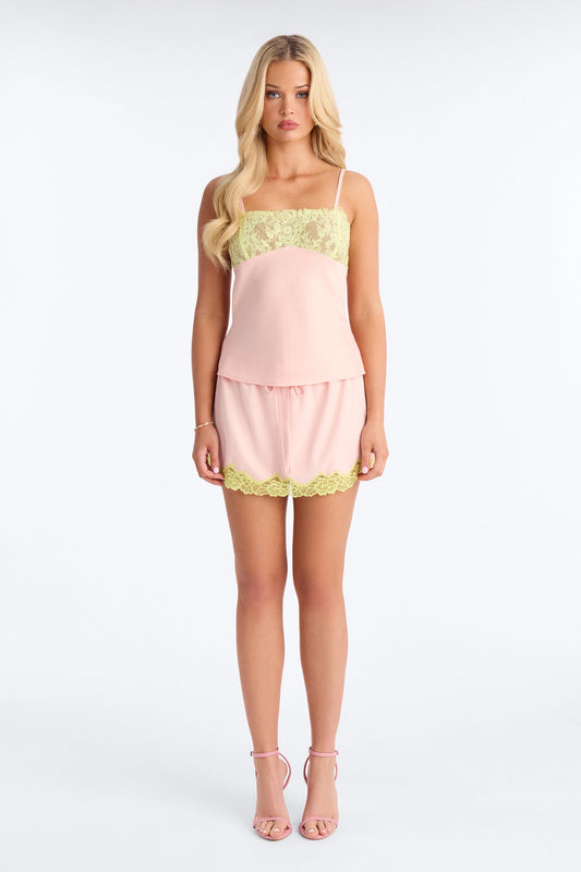 Sweet Satin Lace Trim Mini Skirt - Pink/combo