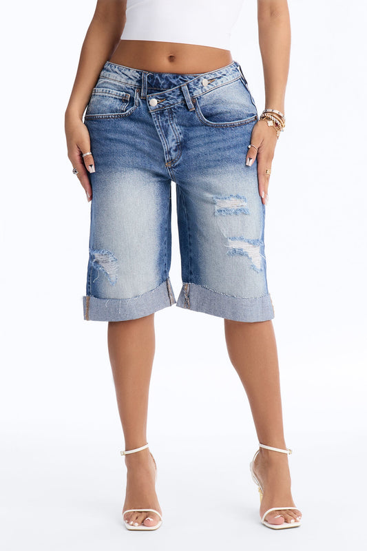 Lafayette Crossover Cuffed Denim Jorts - Vintage Wash