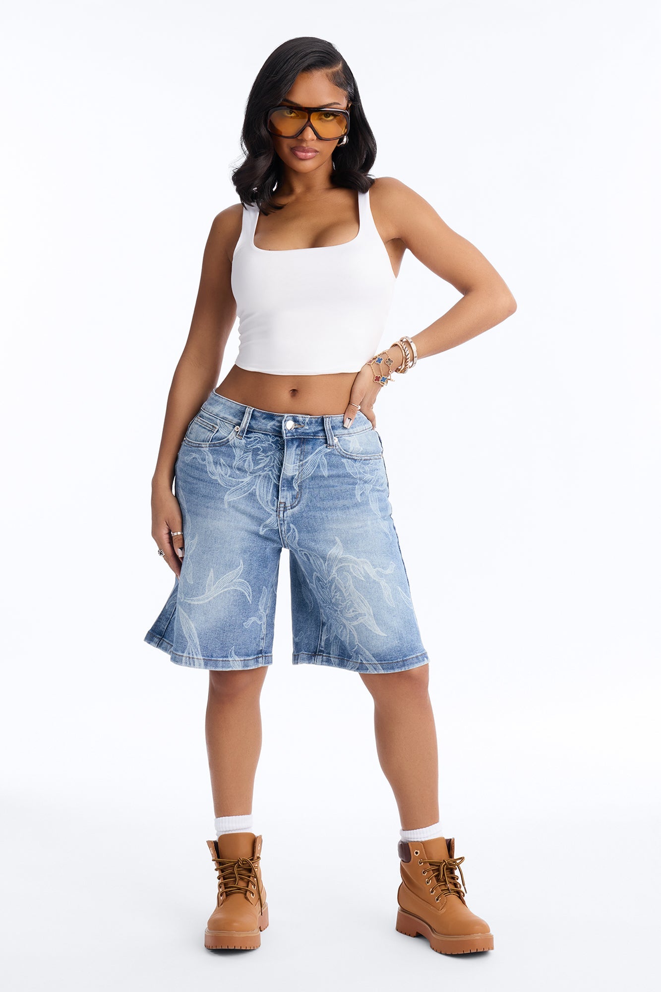 Botanical Blues Printed Denim Jorts - Medium Wash