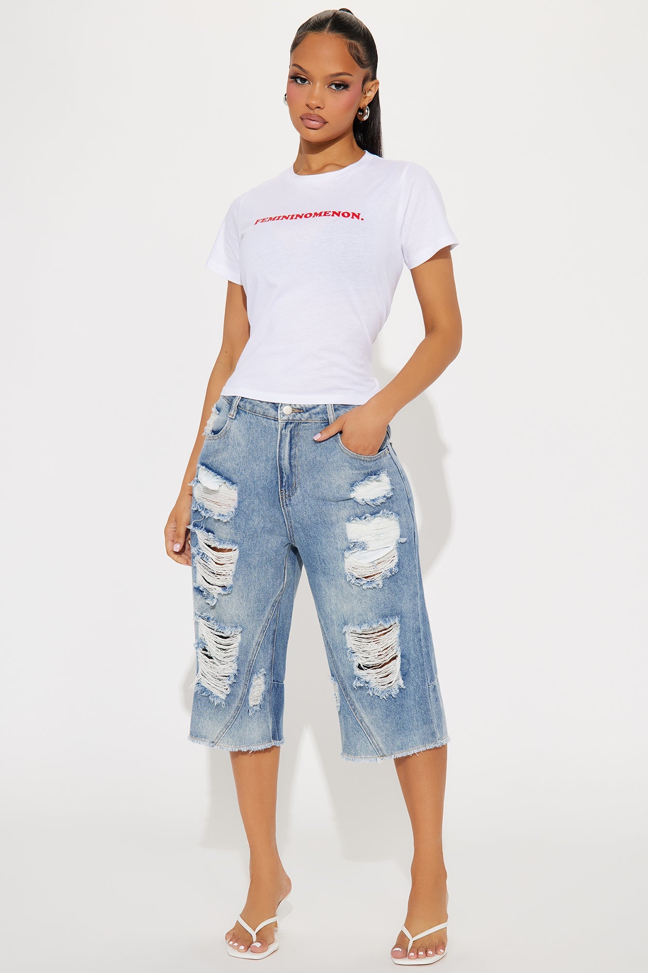 Blythe Non Stretch Ripped Denim Jorts - Light Wash