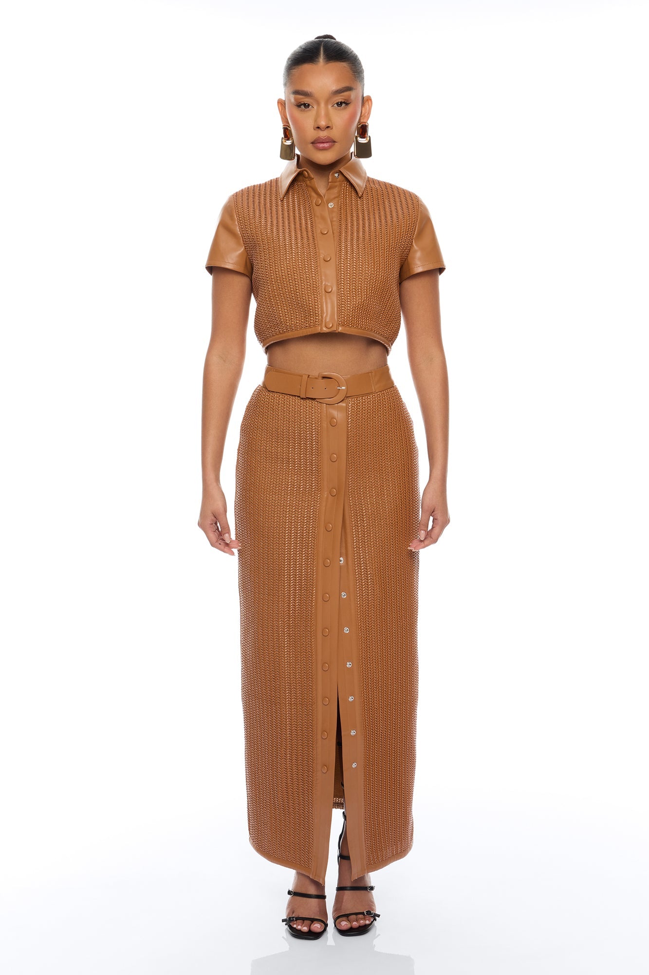 Hailey Faux Leather Belted Maxi Skirt - Cognac