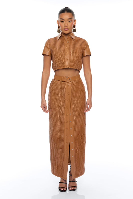 Hailey Faux Leather Belted Maxi Skirt - Cognac