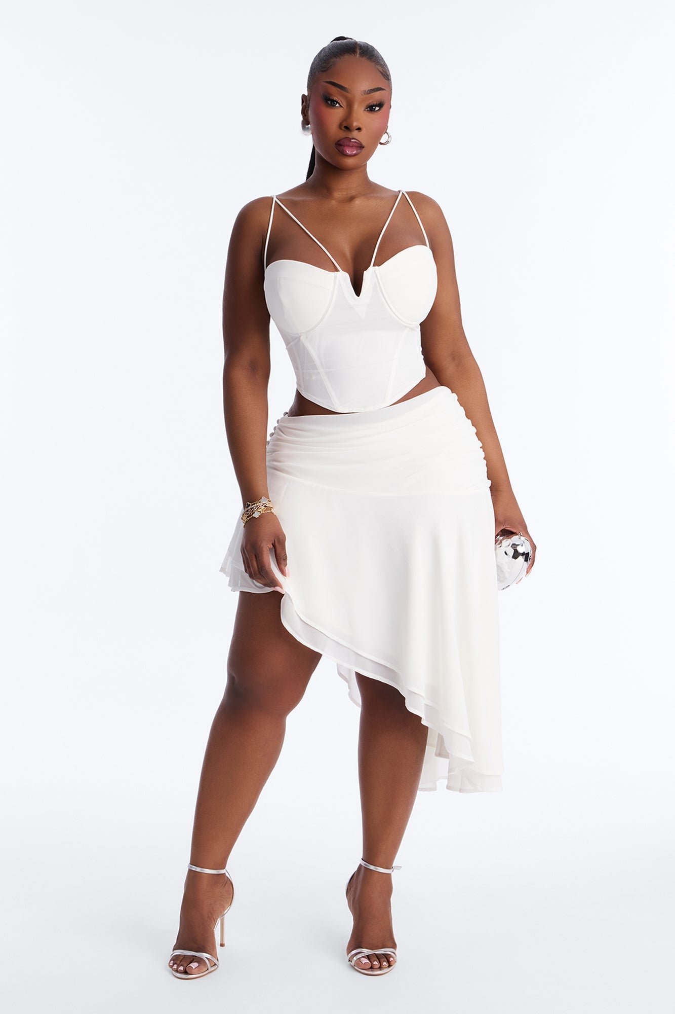 Analisa Asymmetric Ruched Midi Skirt - White