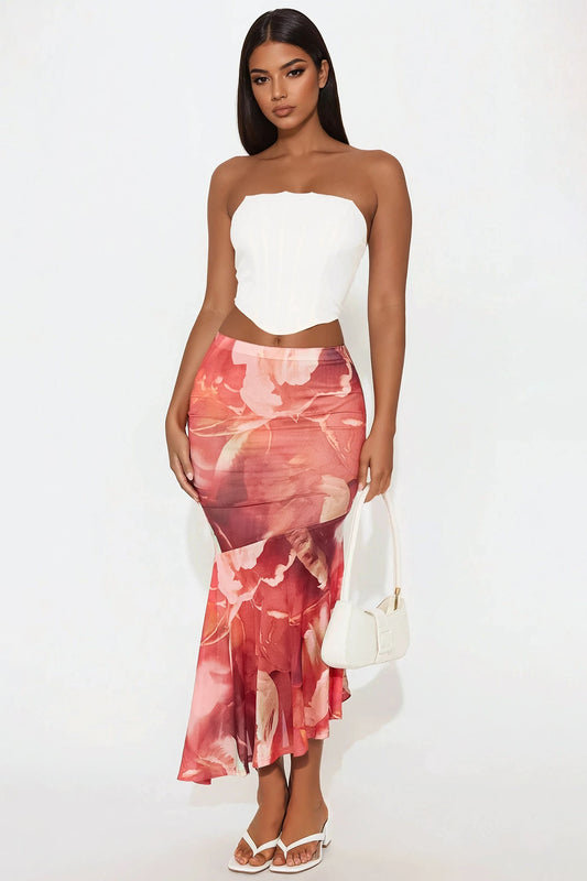 Destiny Asymmetrical Mesh Midi Skirt - Red/combo