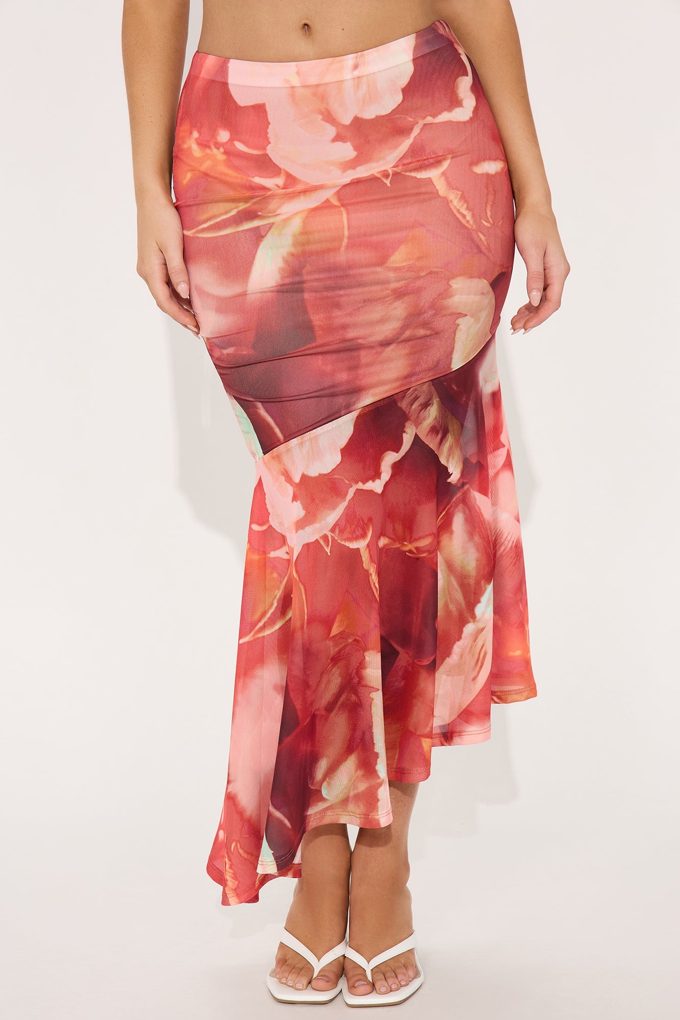 Destiny Asymmetrical Mesh Midi Skirt - Red/combo