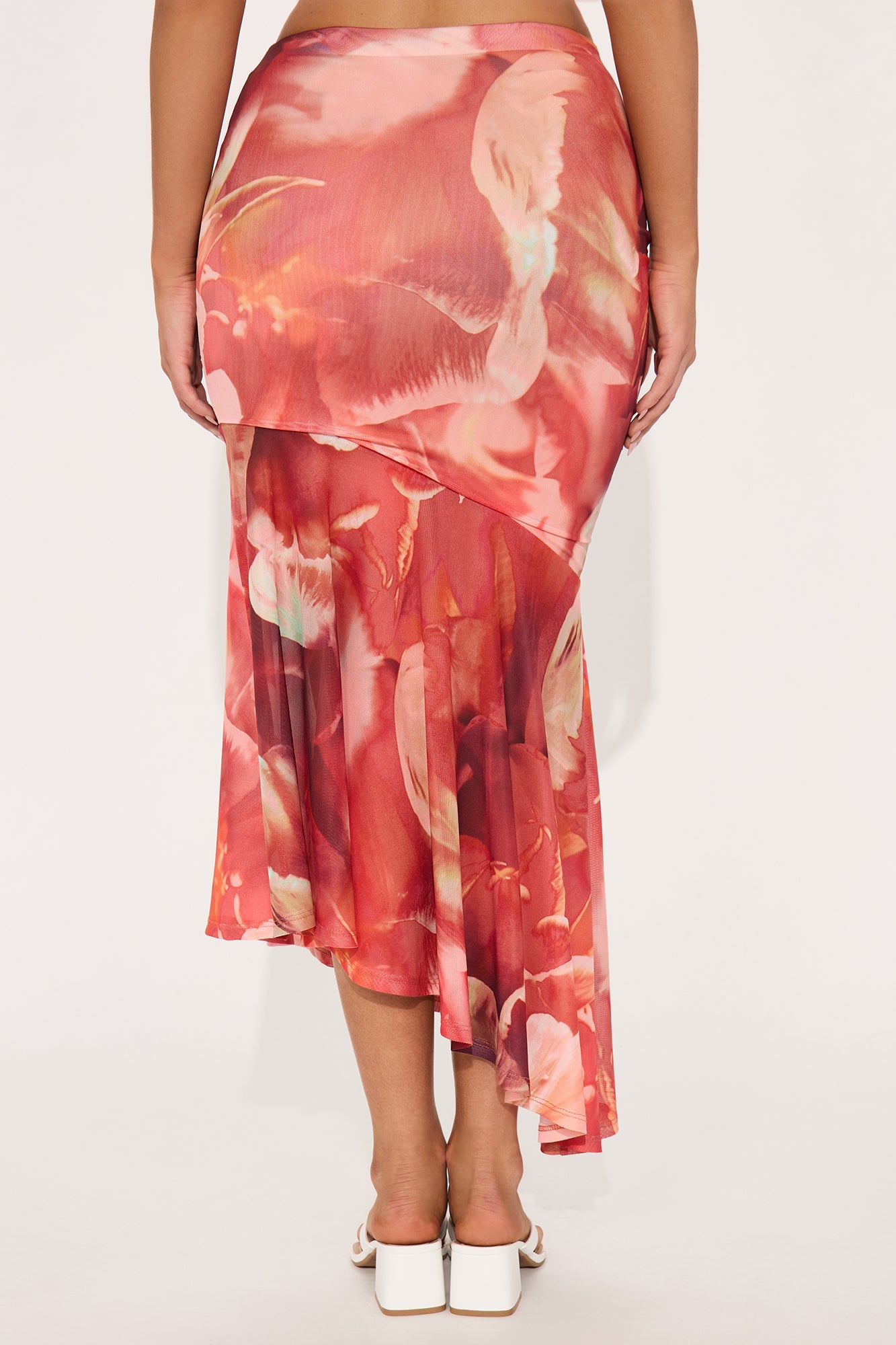 Destiny Asymmetrical Mesh Midi Skirt - Red/combo