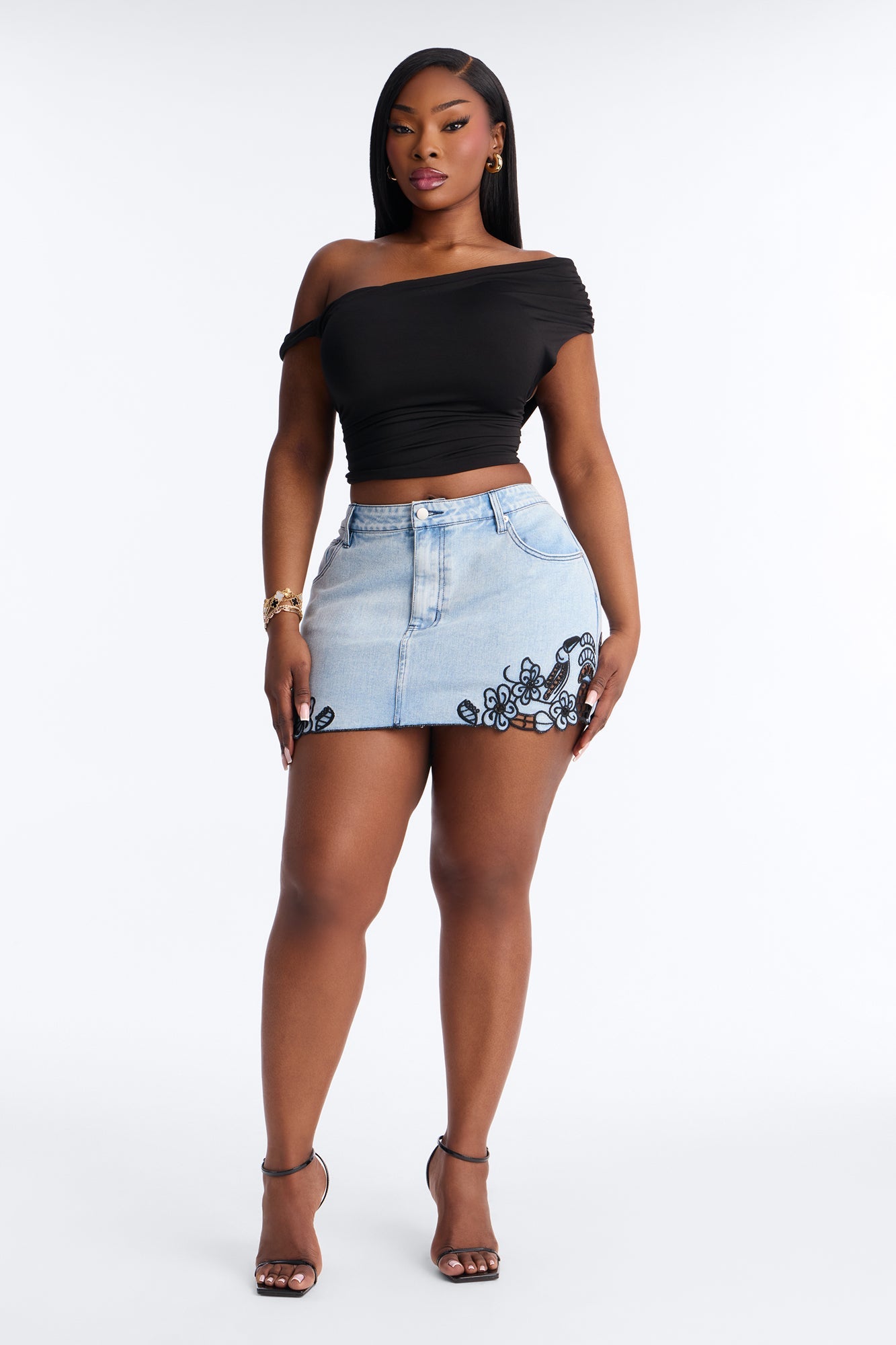 Madeira Embroidered Eyelet Denim Micro Mini Skirt - Light Wash