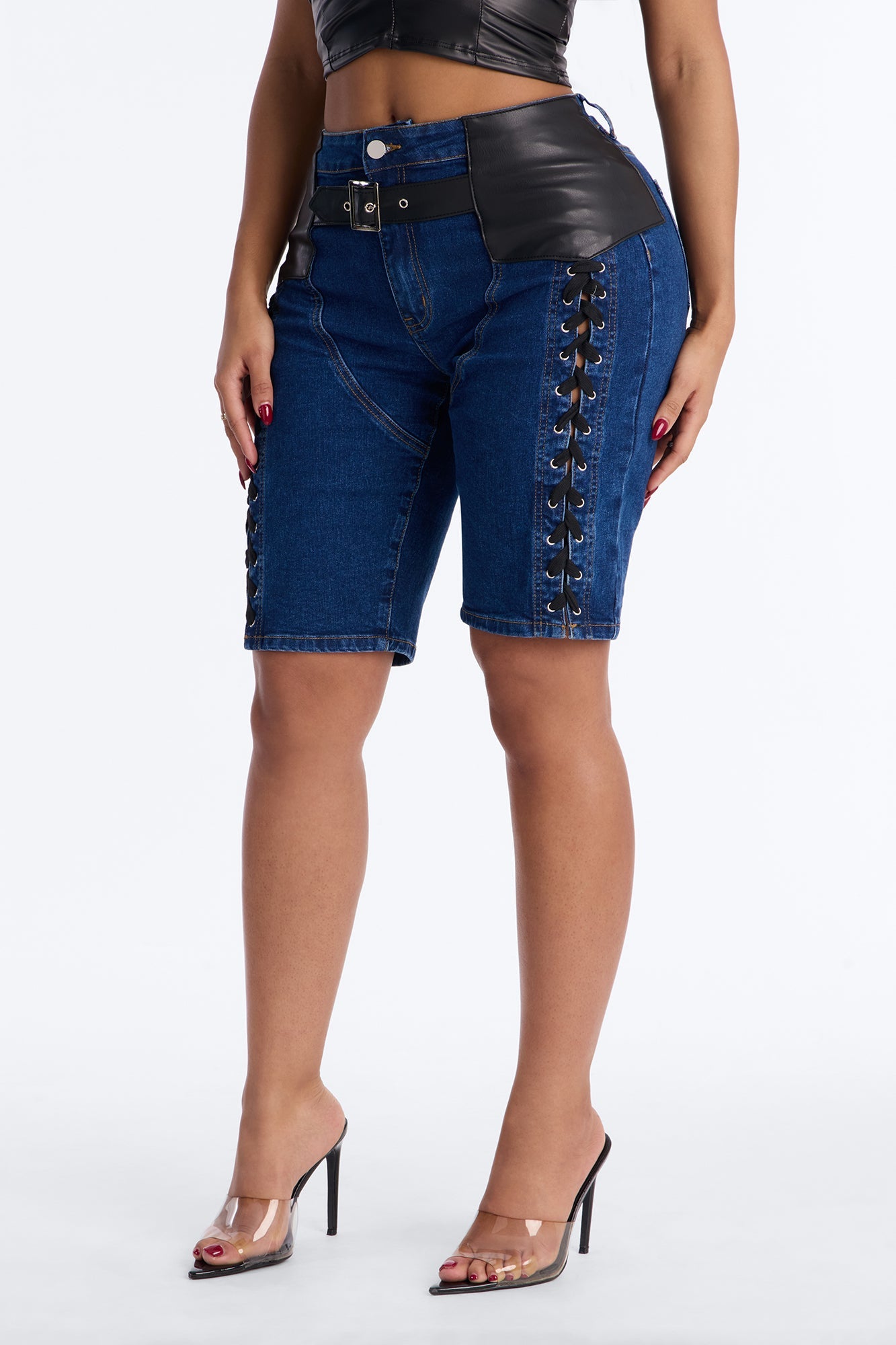 Show Stealer Lace Up Denim Bermuda Shorts - Dark Wash