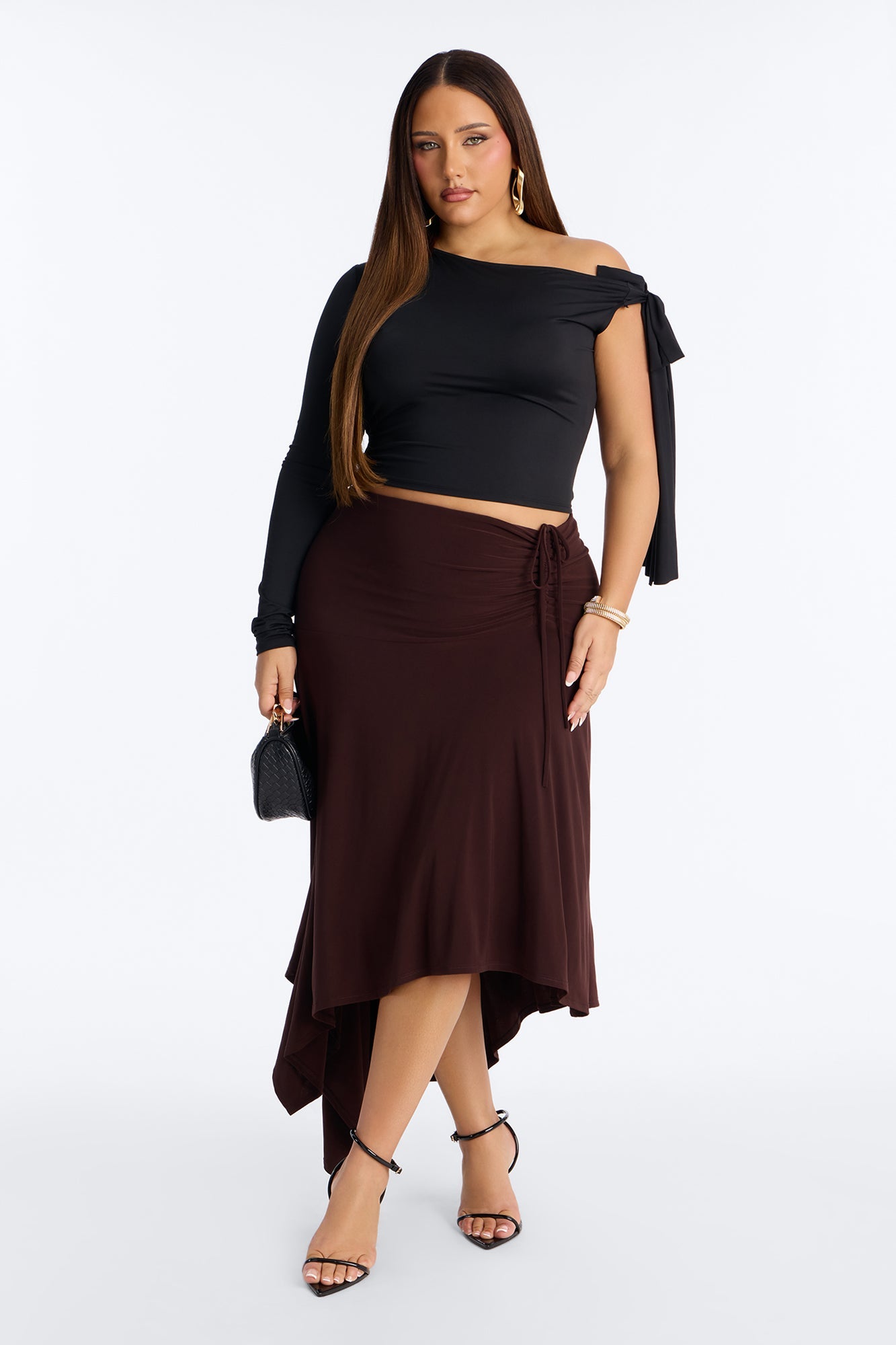 Leila Ruched Asymmetrical Midi Skirt - Chocolate