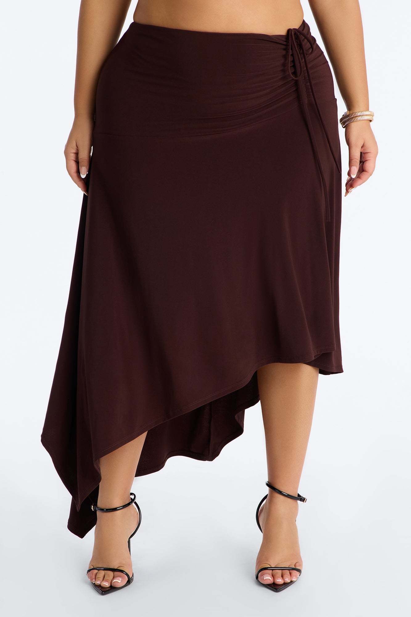 Leila Ruched Asymmetrical Midi Skirt - Chocolate