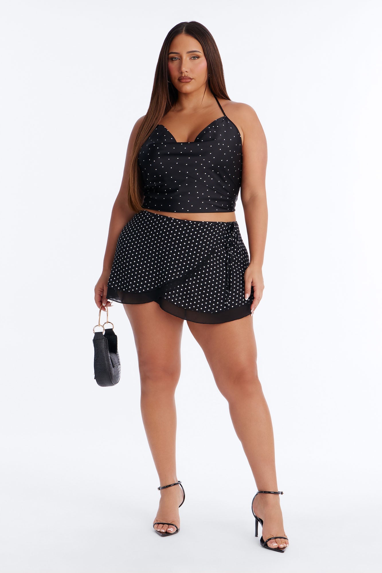 Clara Chiffon Polka Dot Wrap Micro Mini Skirt - Black/White