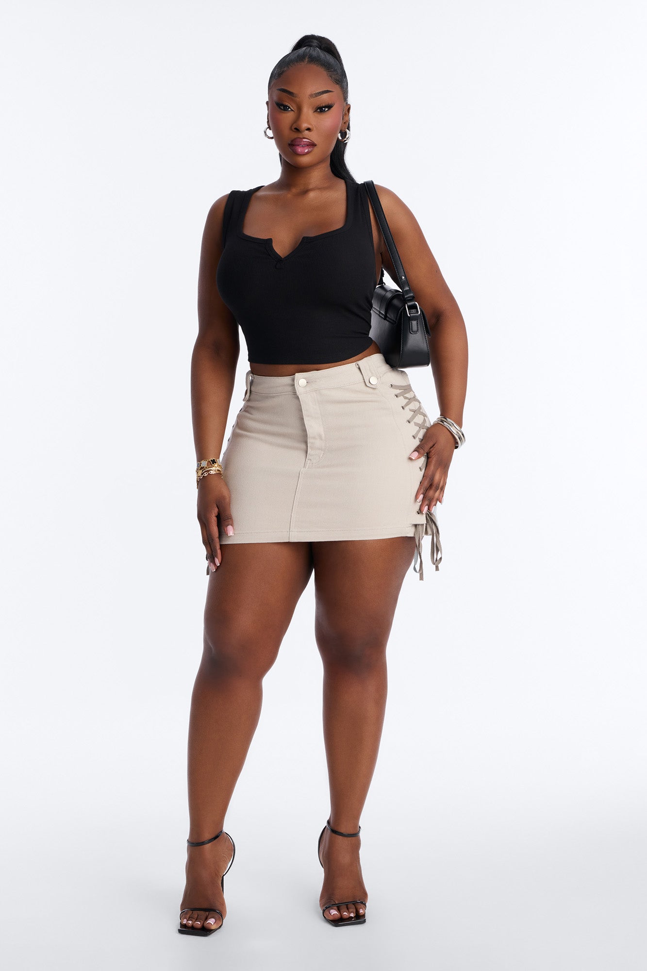 After Hours Lace Up Mini Skirt - Stone