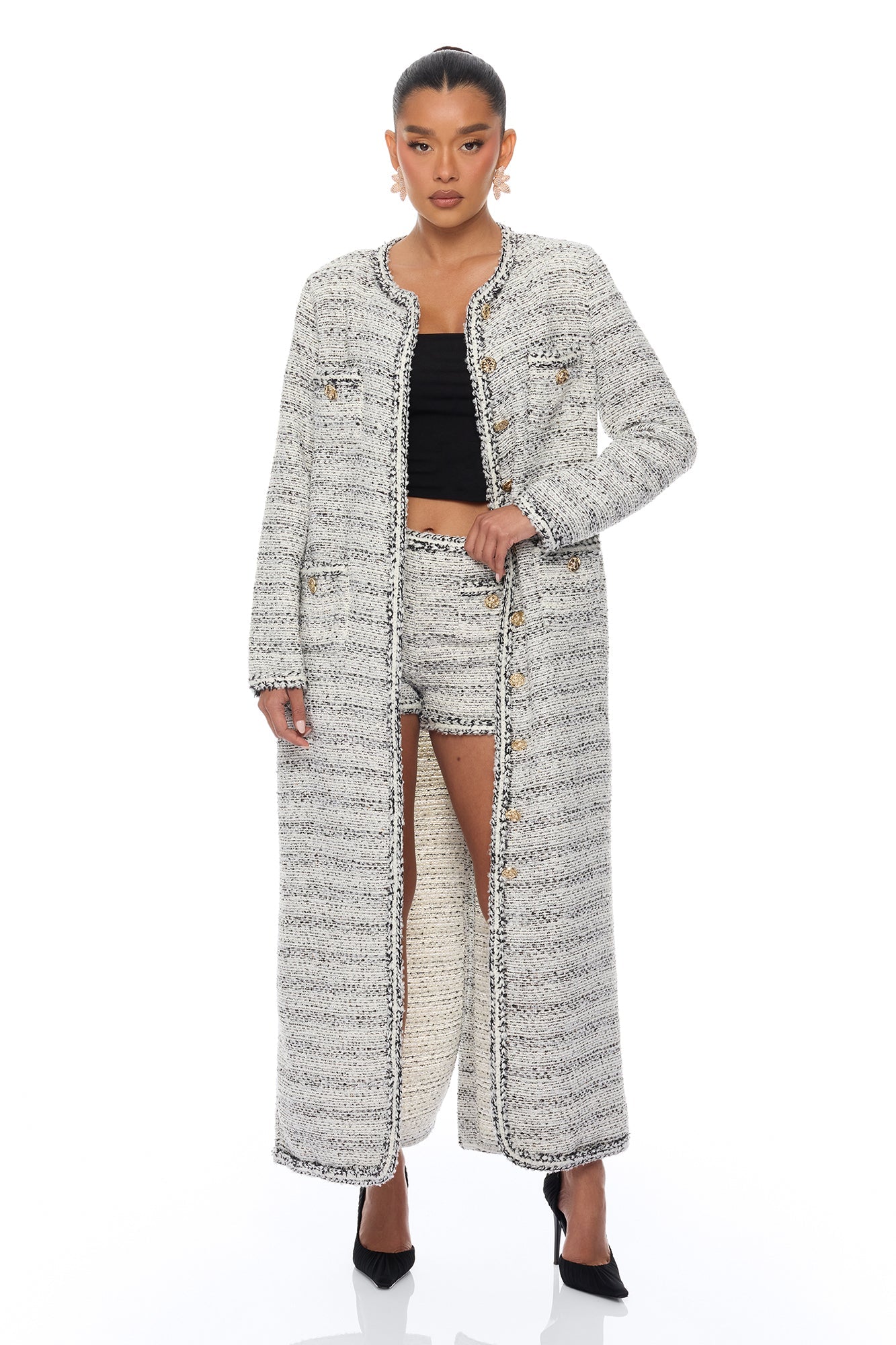 Kaela Embellished Tweed Short - Black/White