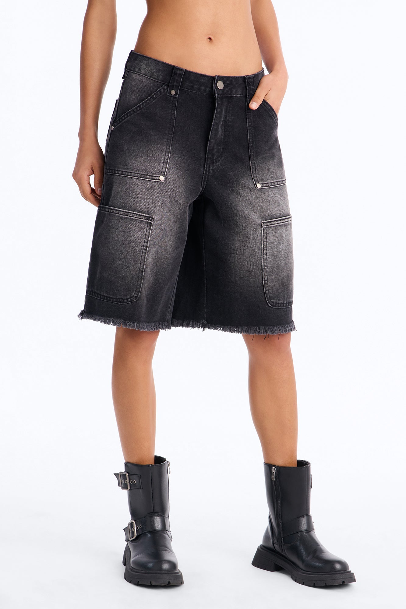 Out Of Your Way Utility Denim Jorts - Black Wash