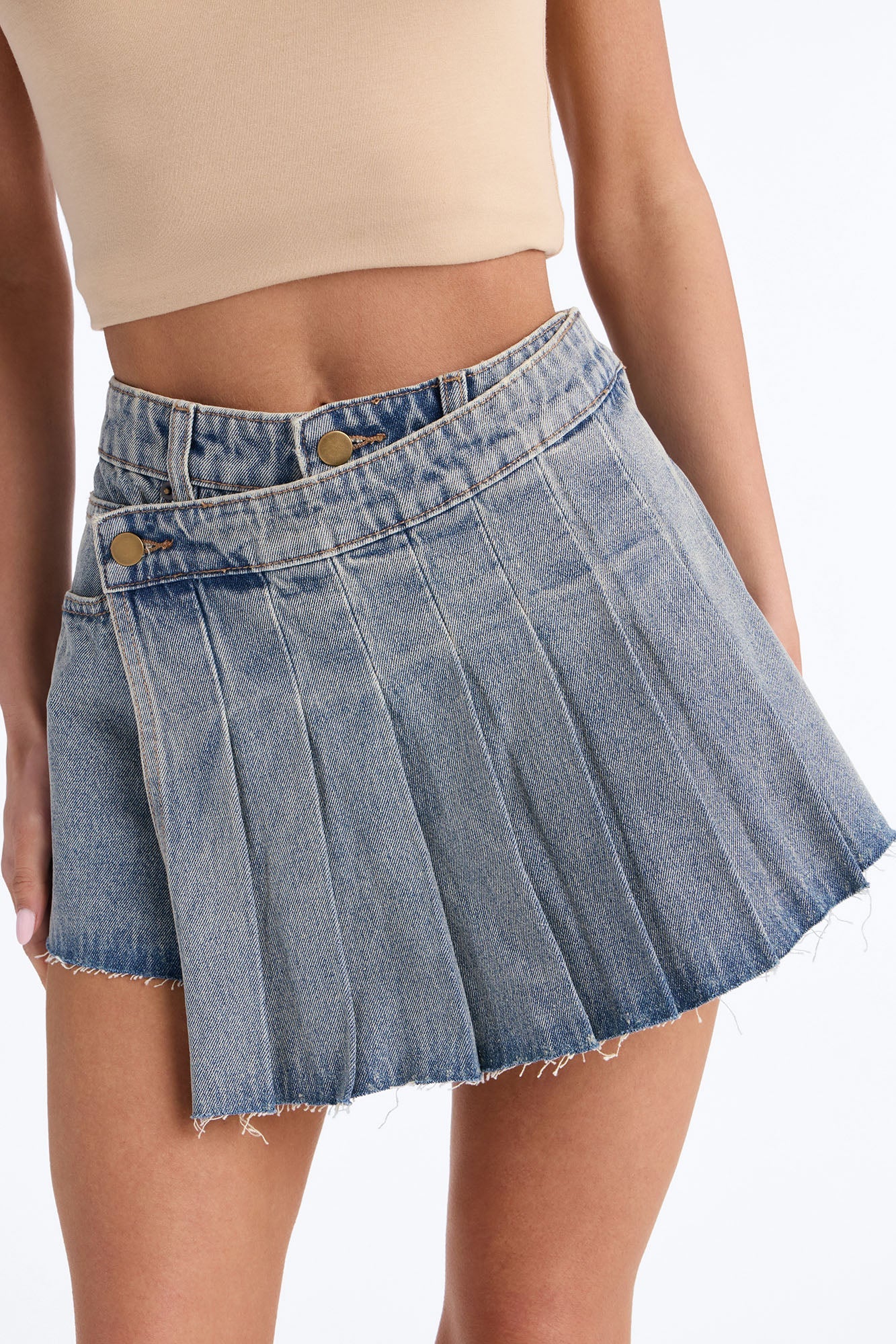 Phenomenal Flirt Pleated Denim Wrap Mini Skort - Vintage Wash