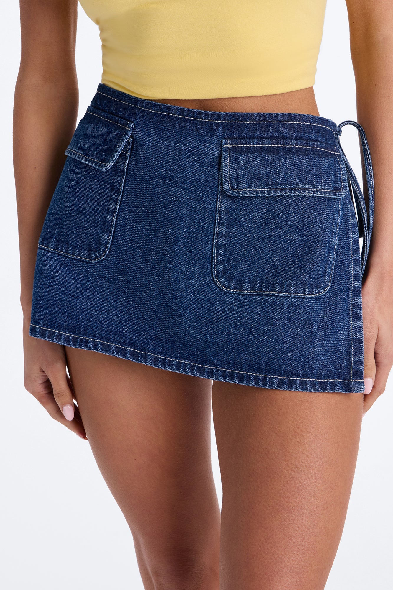 Kimmie Wrap Denim Micro Mini Skort - Dark Wash